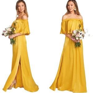 Show Me Your Mumu Satin Hacienda Maxi Dress Sz XS Yellow Gold Bridesmaid Ruffle